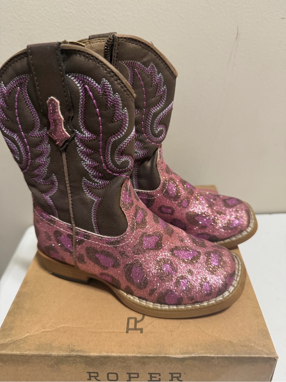 Roper Girls Pink Leopard Glitter Western Cowboy Boots Size 8